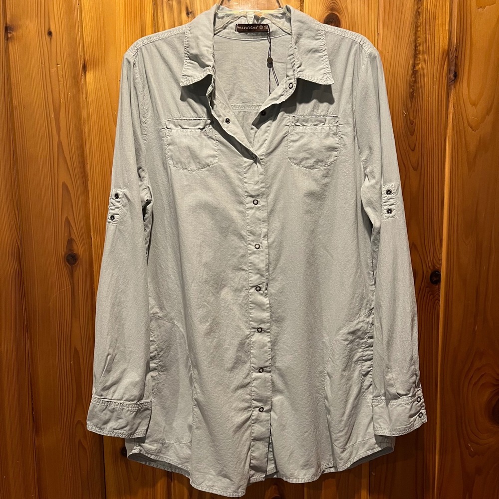 XCVI Wearables Shirt Long Sleeve Button Up Tunic Top Light Sage Green XL